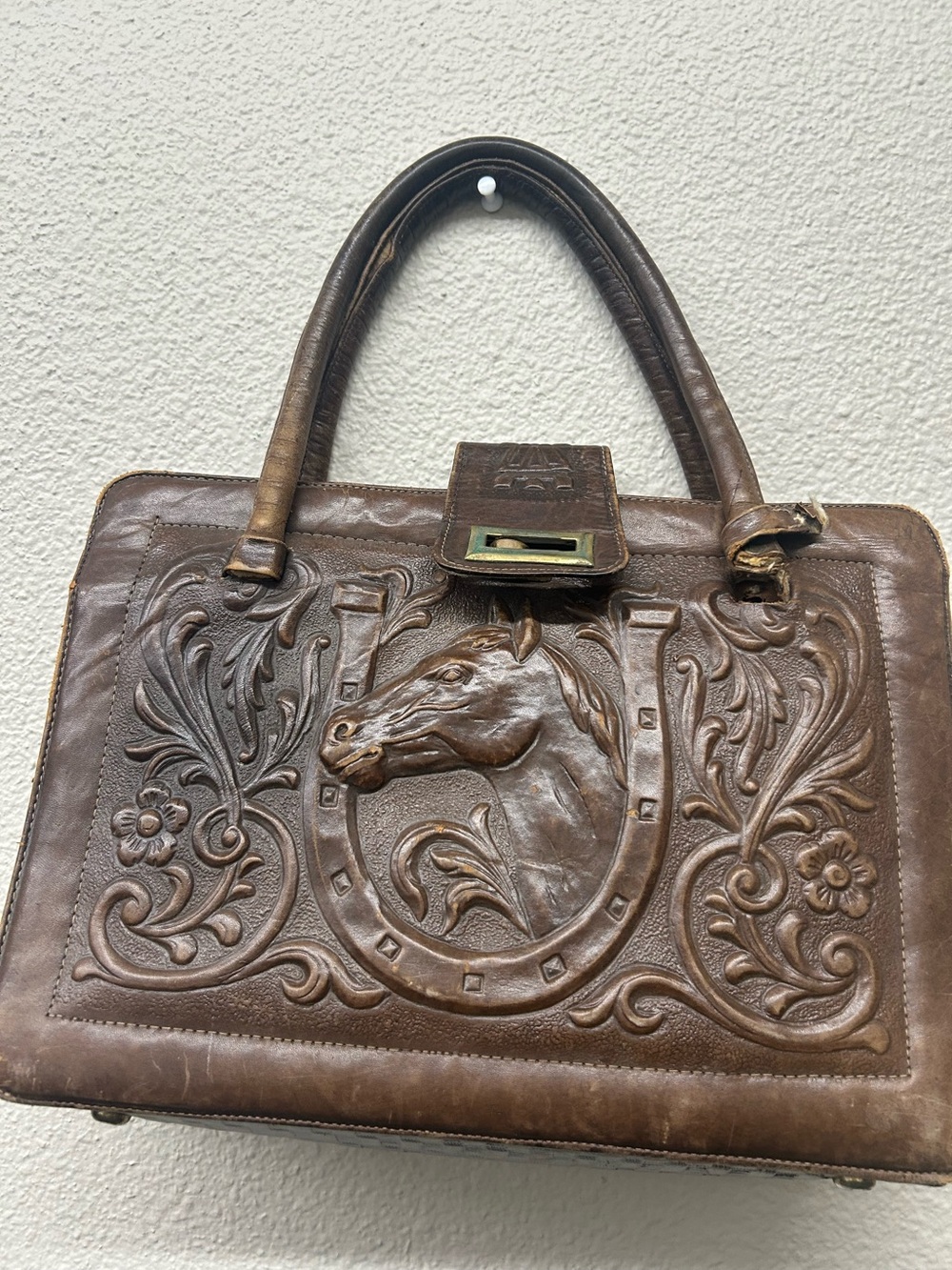 Handcrafted Brown Leather Tote with Horse Motif
